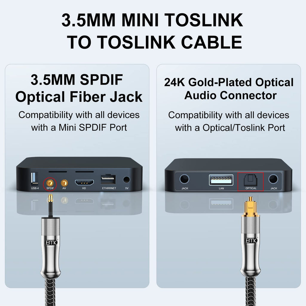 24K Gold-Plated Toslink to Mini Toslink Cable (6ft/2M) - Digital Optical Audio Cable with 3.5mm Mini Plug for