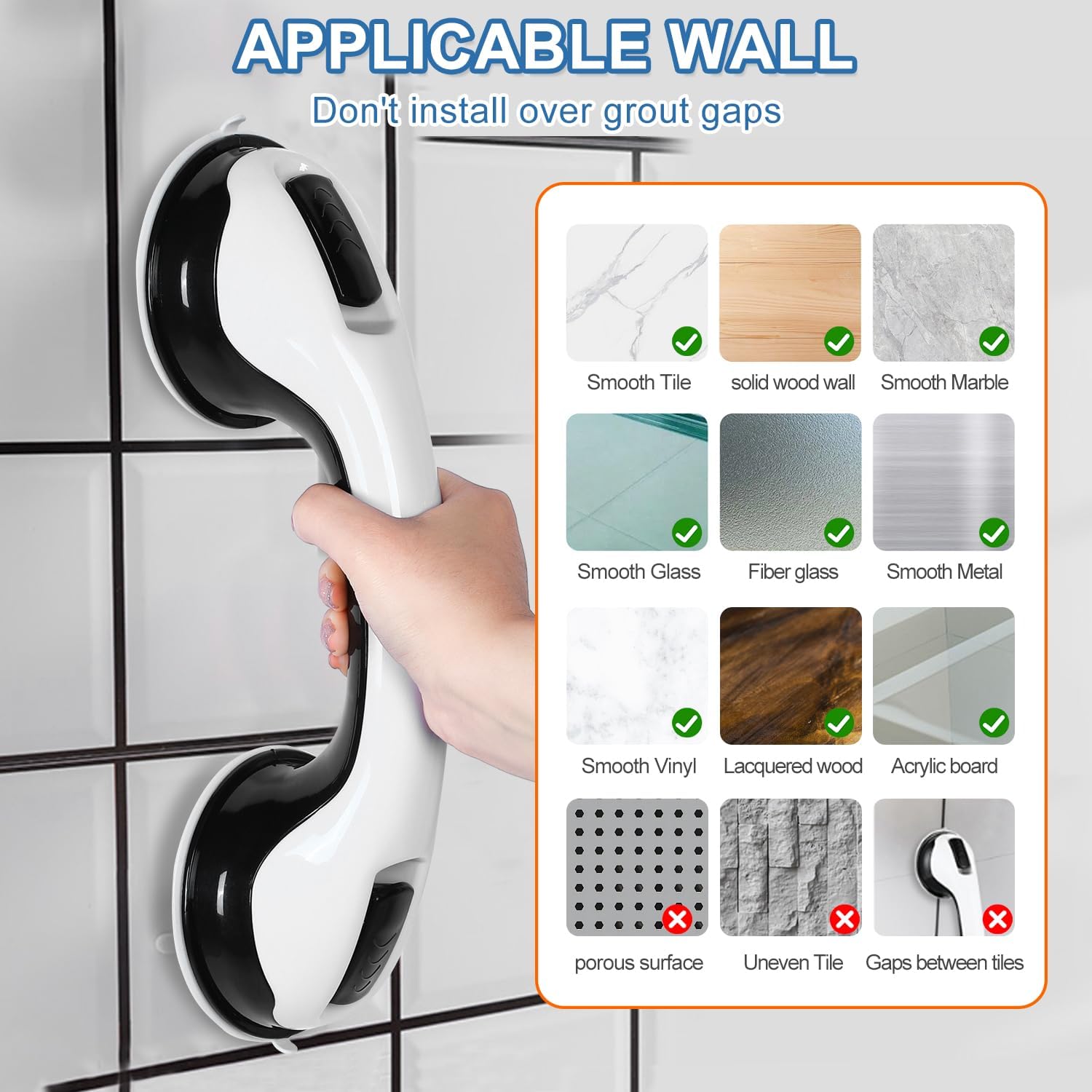 Grab Bars for Bathtubs and Showers, 2 Pack Shower Handle 12 Inch Strong Suction Shower Bar, Safety Bars for Shower