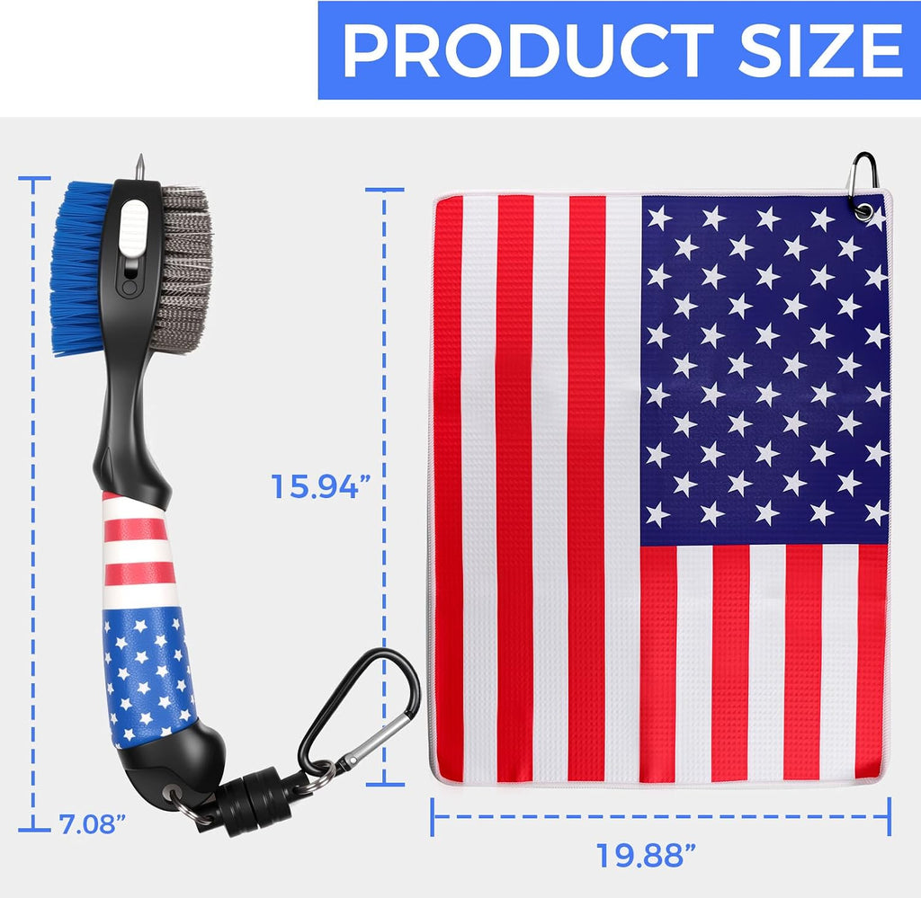 Golf Club Brush and Amercian Flag Golf Towels, Golf Groove Cleaner Cleaning kit, Golf Accessories Cleaner Tool with