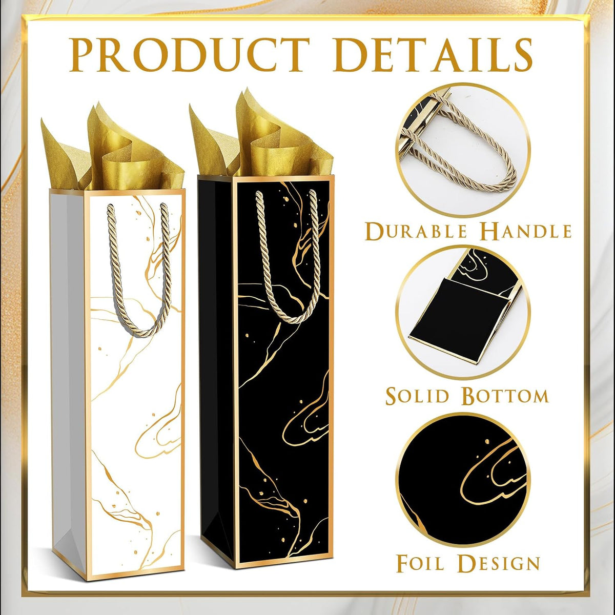 20 Pack Wine Gift Bags with Handles & Tissue Paper black white