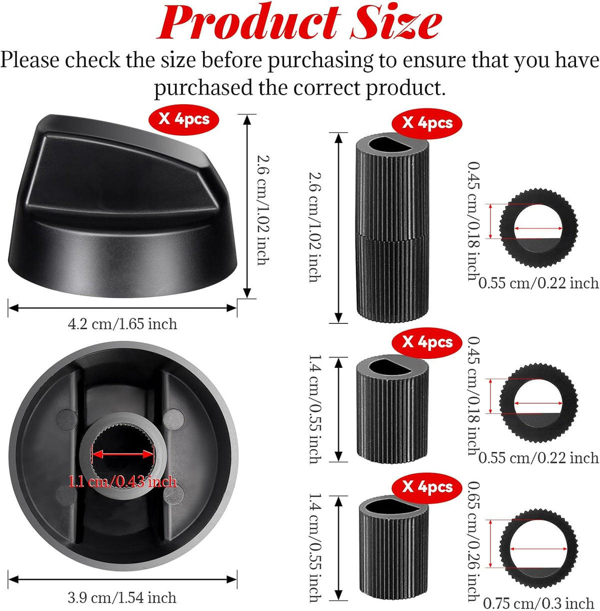 4 Pack Black Control Knobs Replacement with 12 Adapters, Stove Knobs Replacements, Universal Control Knobs for Oven Stove Range