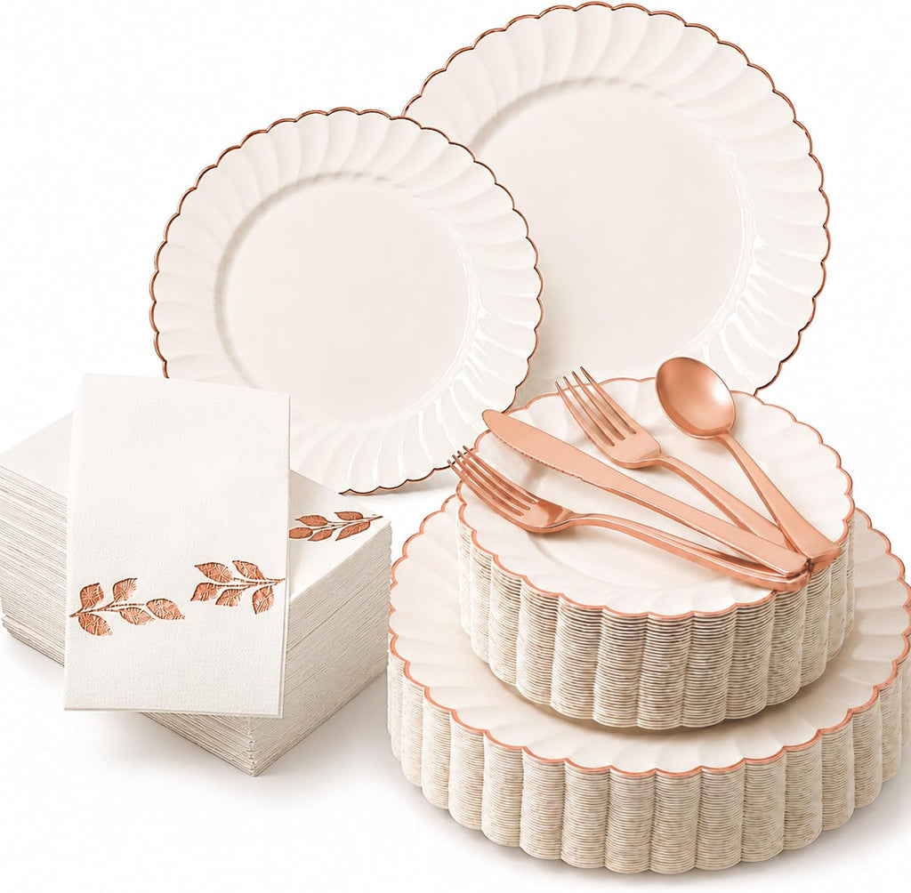 HEAVYWEIGHT Scalloped Rose Gold Disposable Dinnerware Set 175 Pc