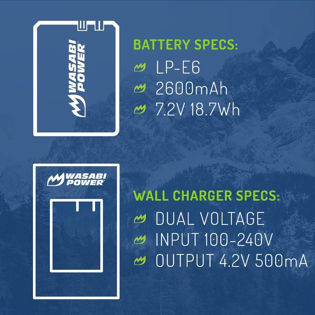 LP-E6, LP-E6N Battery (2-Pack) and Charger for Canon EOS 5D Mark II/III/IV, 5DS, 5DS R, 6D, 6D Mark II, 7D, 7D Mark