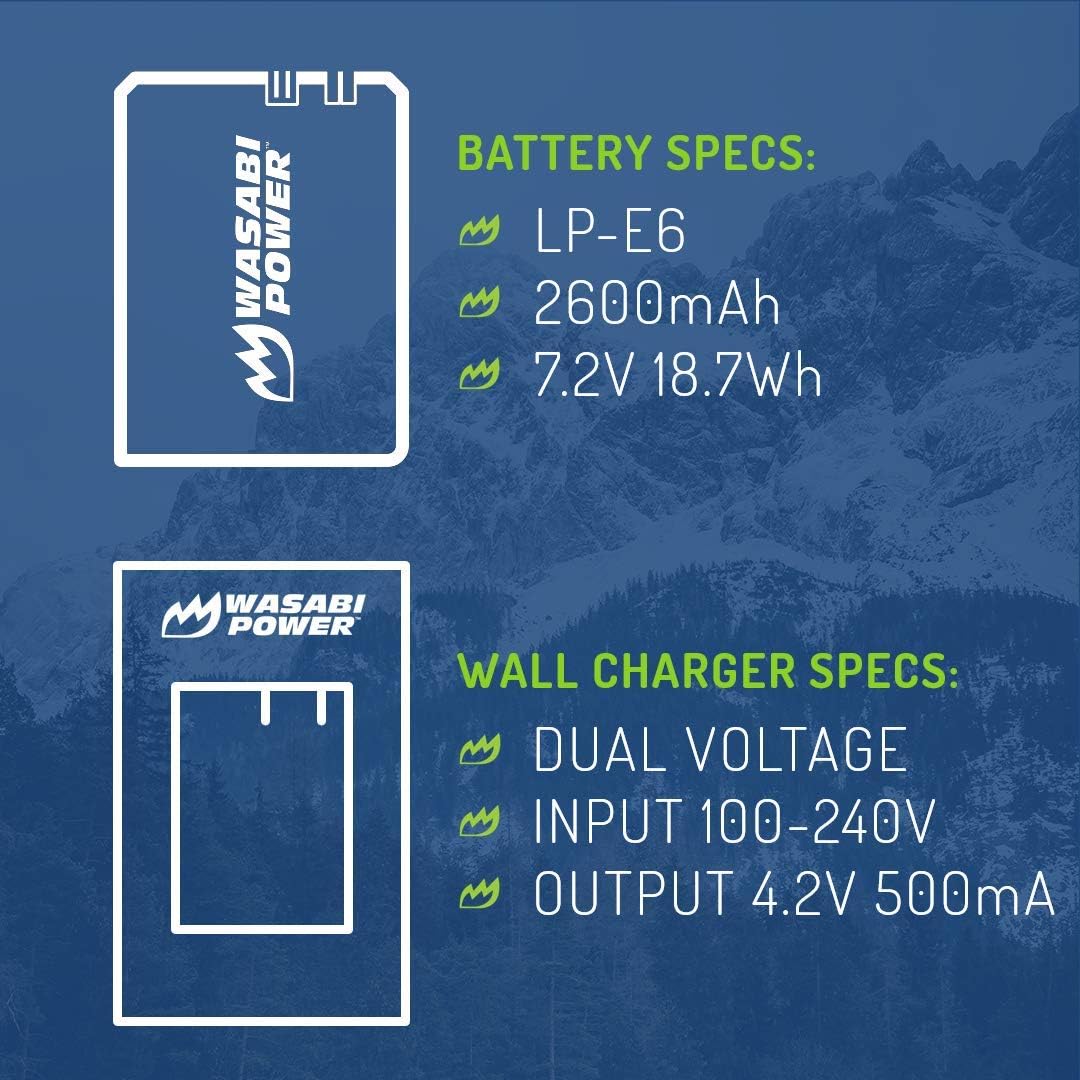 LP-E6, LP-E6N Battery (2-Pack) and Charger for Canon EOS 5D Mark II/III/IV, 5DS, 5DS R, 6D, 6D Mark II, 7D, 7D Mark