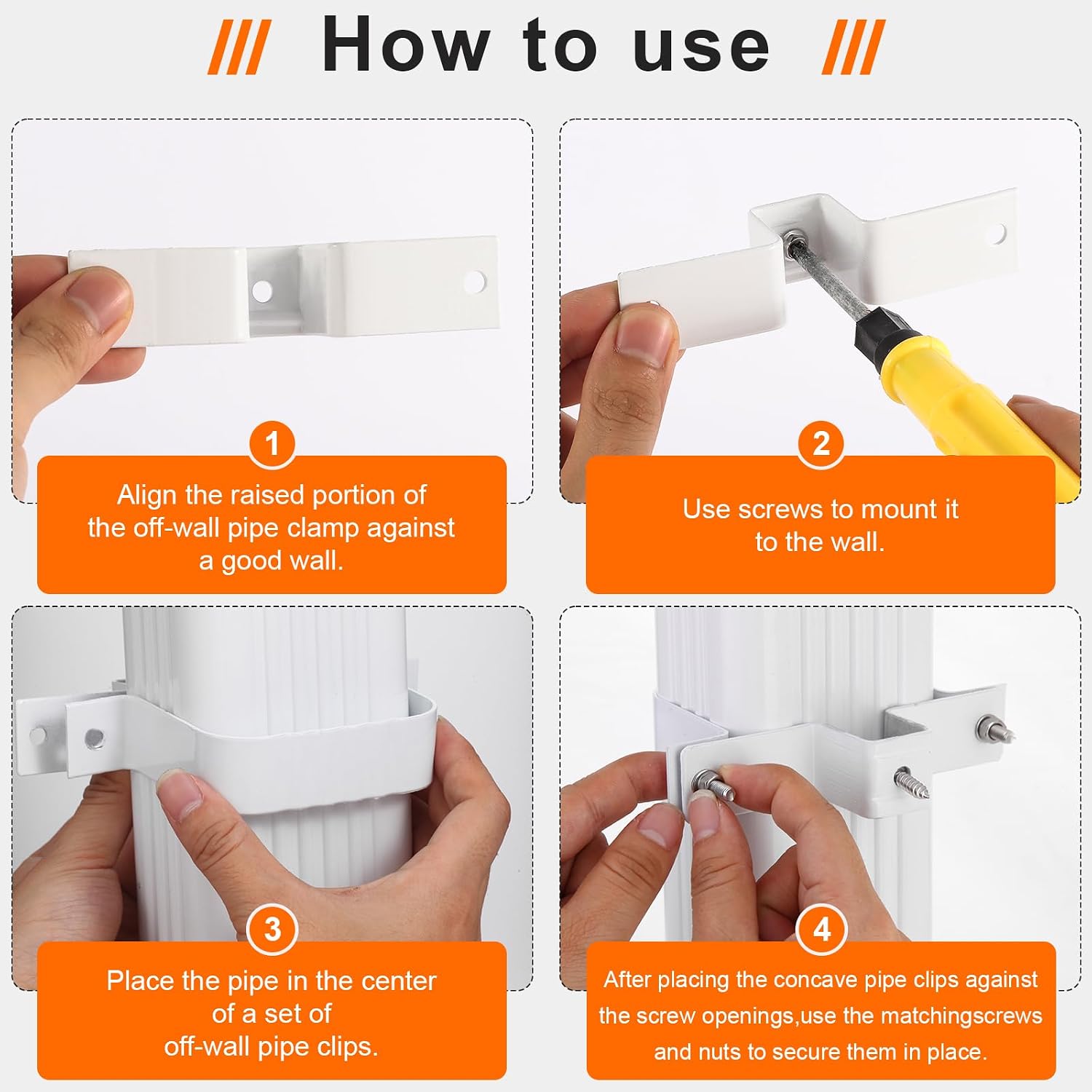 6-Pack Downspout Straps 2x3 & Wall Brackets, White Downspout Fasteners Set with Hardware for Secure Installation