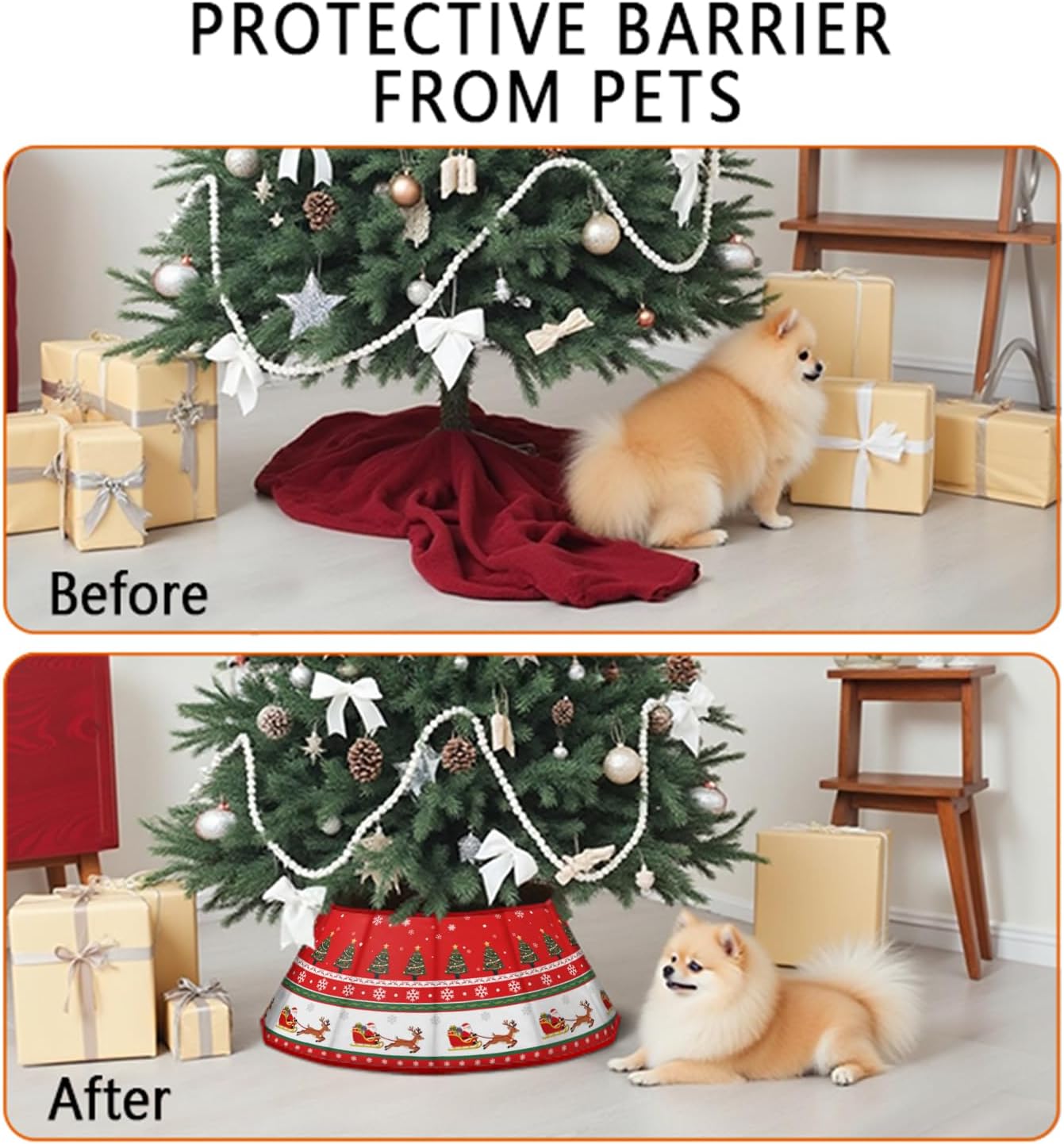 Christmas Tree Collar 25.6", Red Velvet Folable Christmas Trees Ring Skirt, Santa Claus Reindeer Snowflaks Base Stand