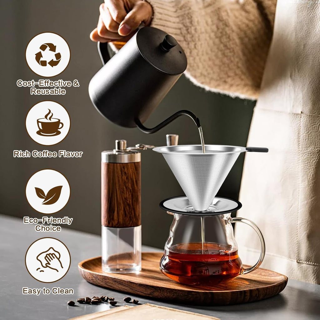 Pour Over Coffee Dripper, Stainless Steel Coffee Filter, Paperless Reusable Coffee Filter, Double Micromesh 600 Mesh
