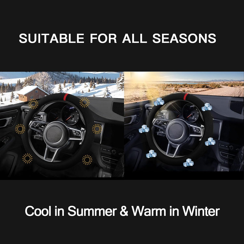 Suede Steering Wheel Cover with Upgraded Silicone Inner Ring, Breathable, Anti-Slip, Leather Universal 14.5 to 15