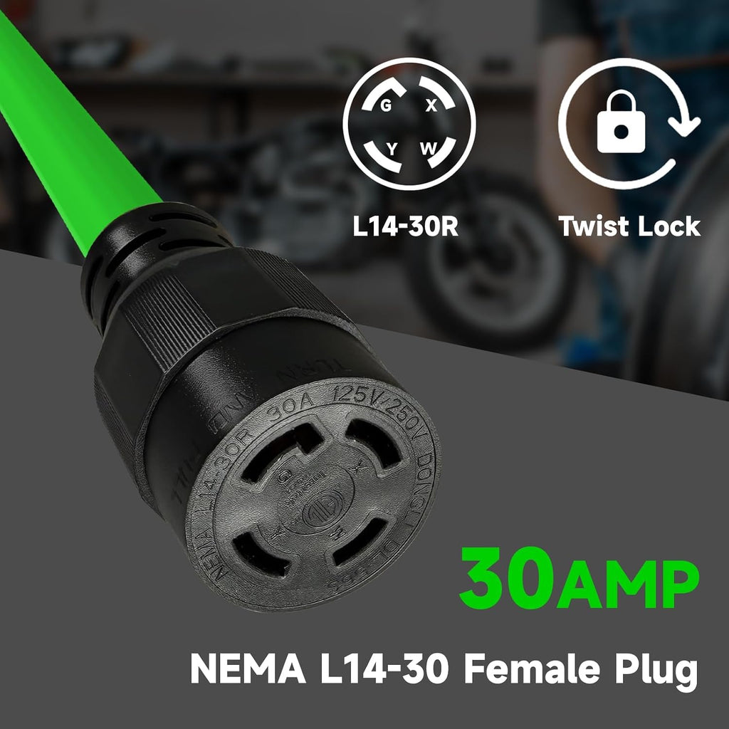 25 Ft 10/4 30-Amp Generator Outdoor Extension Cord, L14-30P/R, Green | 10 Gauge SJTW 4-Prong 125/250V 7500W NEMA