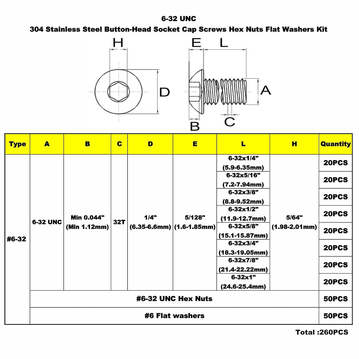 #6-32 UNC Stainless Steel Button-Head Socket Cap Screws Hex Nuts Flat Washers Assortment Kit