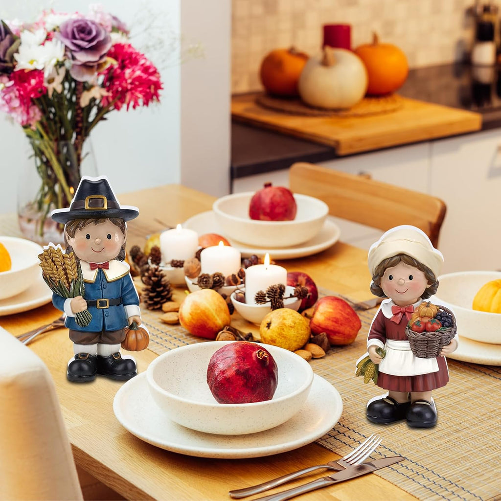 2 Pcs Fall Figurine Decor Pilgrim Figurine Autumn Statue Wooden Thanksgiving Boy and Girl Family Harvest Table