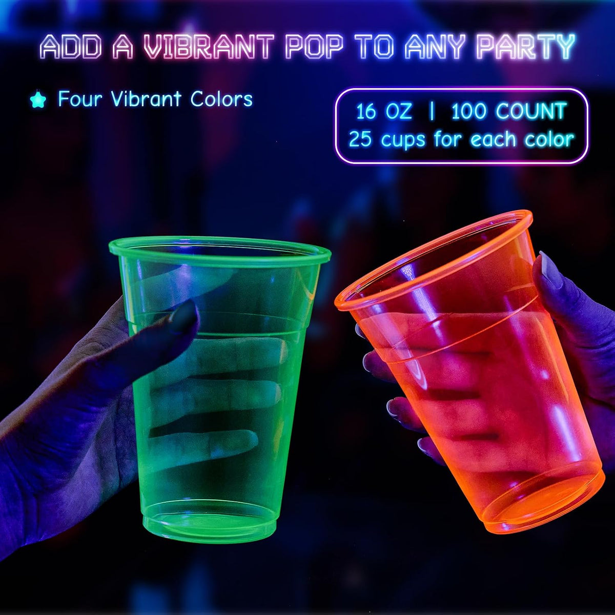 100 Pack 16 oz Plastic Cups, Assorted Neon Glow Party Cups