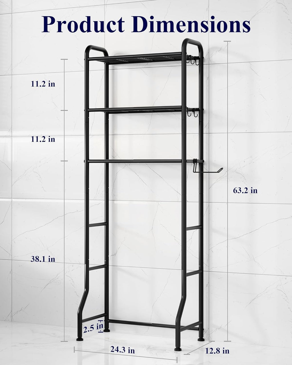 Over Toilet Storage Rack, 63.2" H Space-Saving, Holder & Hooks | Bathroom, Laundry Room, Small Spaces, Families