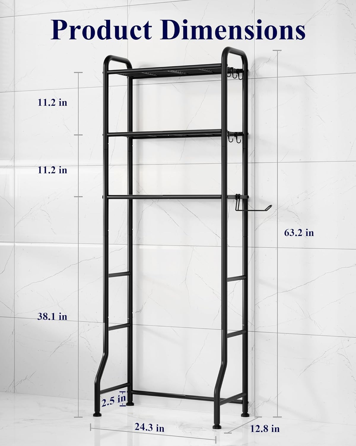 Over Toilet Storage Rack, 63.2" H Space-Saving, Holder & Hooks | Bathroom, Laundry Room, Small Spaces, Families