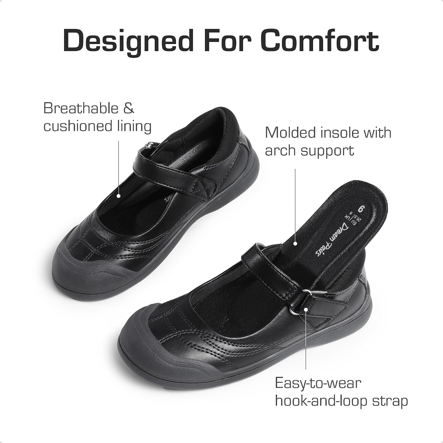 Toddler Girls Mary Jane School Shoes | Toe Protective Arch Support Uniform Dress Up Flats Anti-slip Outsole for