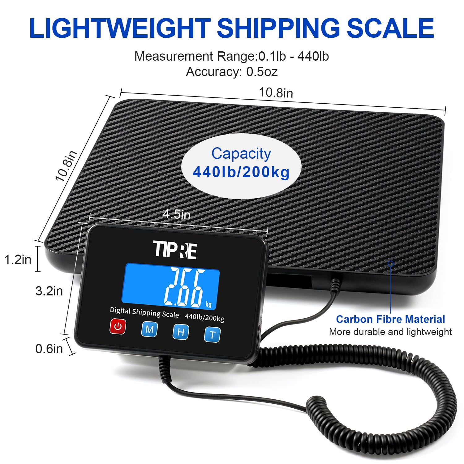 Shipping Scale 440lbs for Packages,Lightweight Carbon Fibre Heavy Duty Digital Postal Scale,0.5 oz High Accuracy