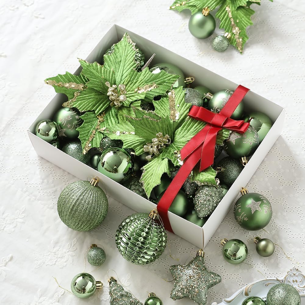 Christmas Ornaments Set, 48ct Green Shatterproof Christmas Tree Decorations Ball Large Glitter Christmas Flowers