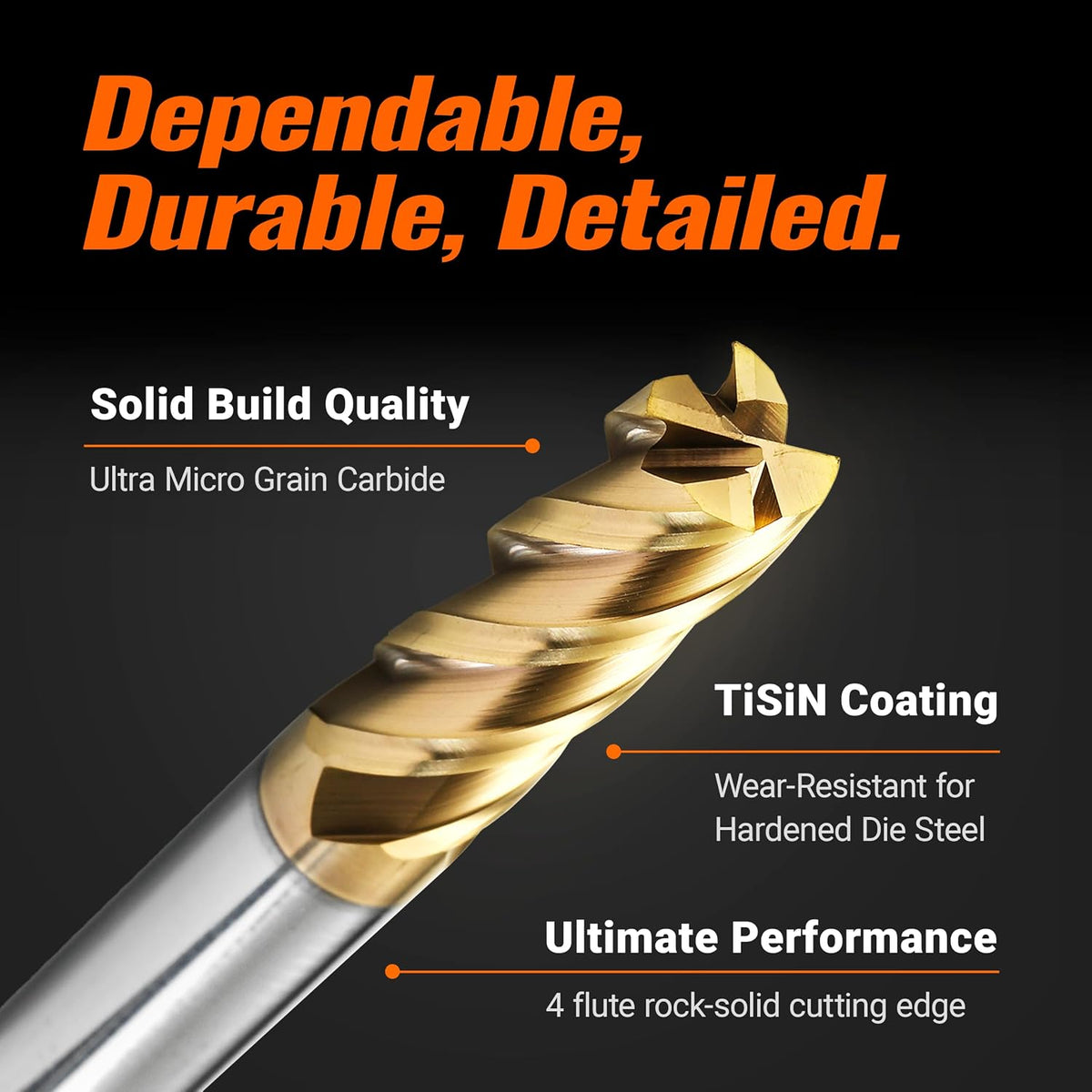 ACCUCUT A4KES 4mm Carbide Square End Mill- 4 Flute Milling Bit for Steel, Die or Hardened Steel, Cast Iron, Copper, Alloys & Materials 50 < HRC < 60 - TiSiN Coating CNC Router Bit, 35 Degree Helix