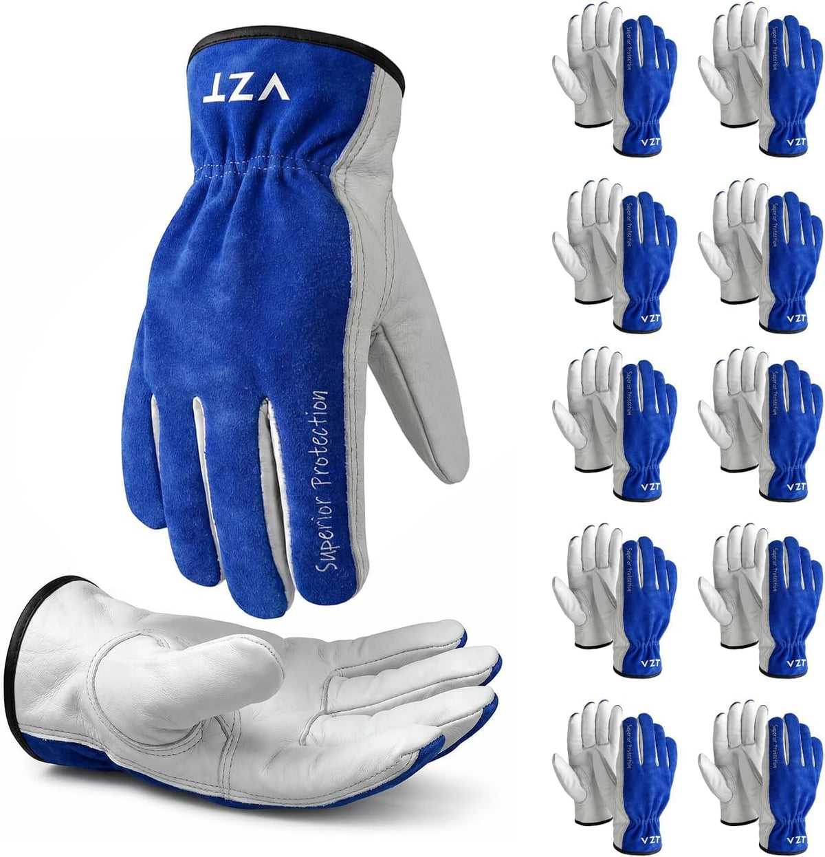 10 Pairs Leather Work Gloves for Men & Women, Bulk Pack, Durable Soft Grip, Heavy Duty Genuine Cowhide for Truck