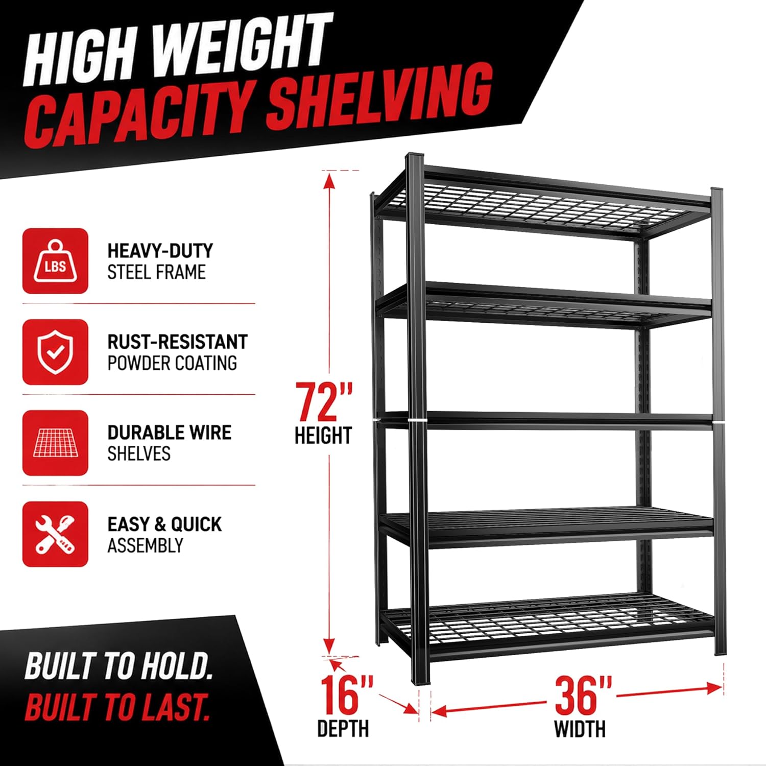 5-Tier Garage Shelving,72''H*36''W*16''D Metal Storage Shelf,2-in-1 Adjustable 3020 lbs Heavy Duty Shelves