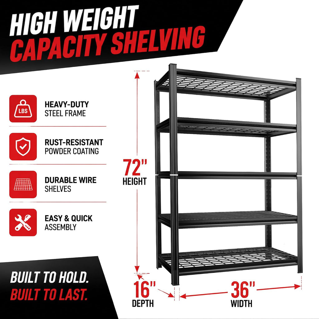 Wire Shelving, 5 Tier Storage Garage Shelving Heavy Duty, Adjustable Metal Wire Rack, Utility Shelf, 3000LBS Garage