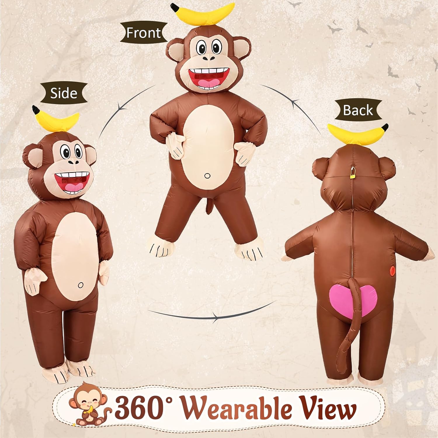 Inflatable Monkey Costume Adult, Blow Up Costume for Halloween | Fits 5' to 6'2", Full Body Inflatable Halloween