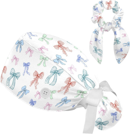 Scrub Caps Women Ponytail, Cute Print Surgical Cap with Bouffant Scrunchie