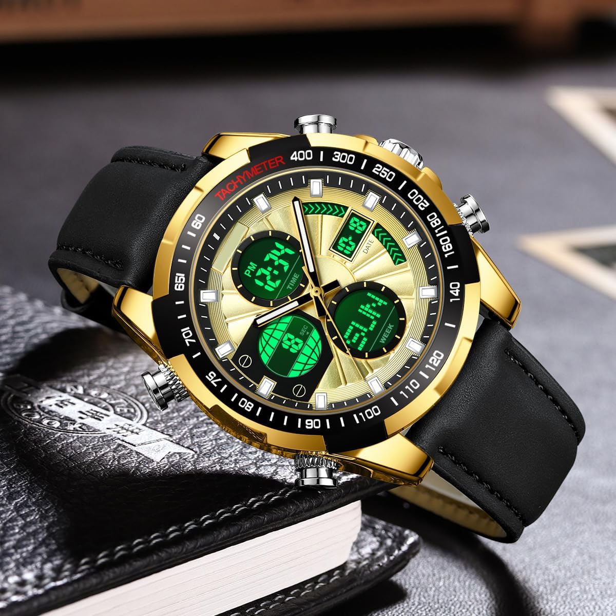 Mens Watch Digital Military Watches Leather Strap Alloy Case Waterproof Analog Watch Luxury Dress Sport Designer