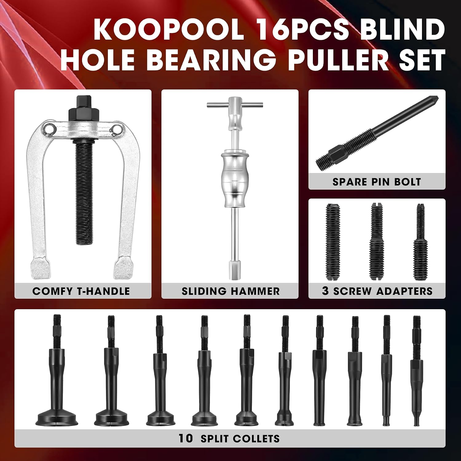 16Pc Blind Hole Bearing Puller Kit – Slide Hammer, Collet Set (Red)