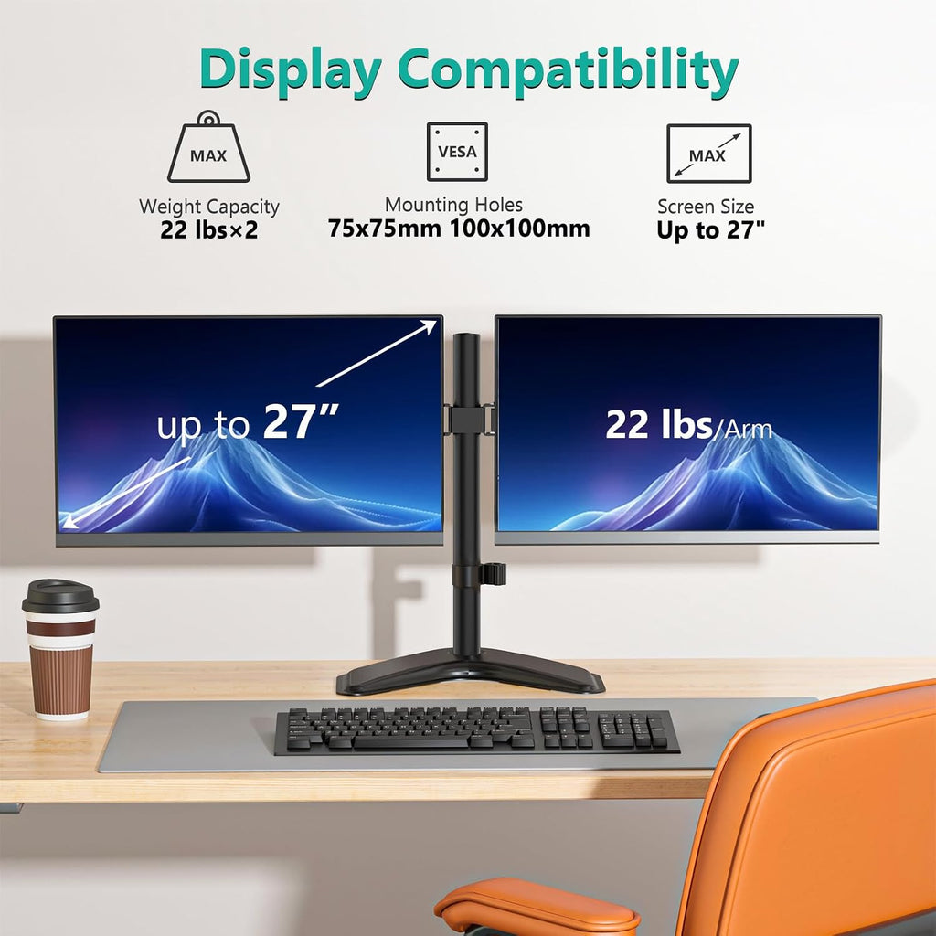 Dual Monitor Stand for Desk, Monitor Stands for 2 Monitors up to 27 inch, Dual Monitors Mount Fits up to 22lbs, Free