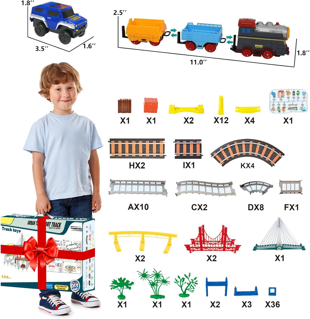 Electric Train Set for Kids Ages 4-8 with Train Tracks Set & Car Tracks Lights Up Bridge Road Sign Realistic Sound