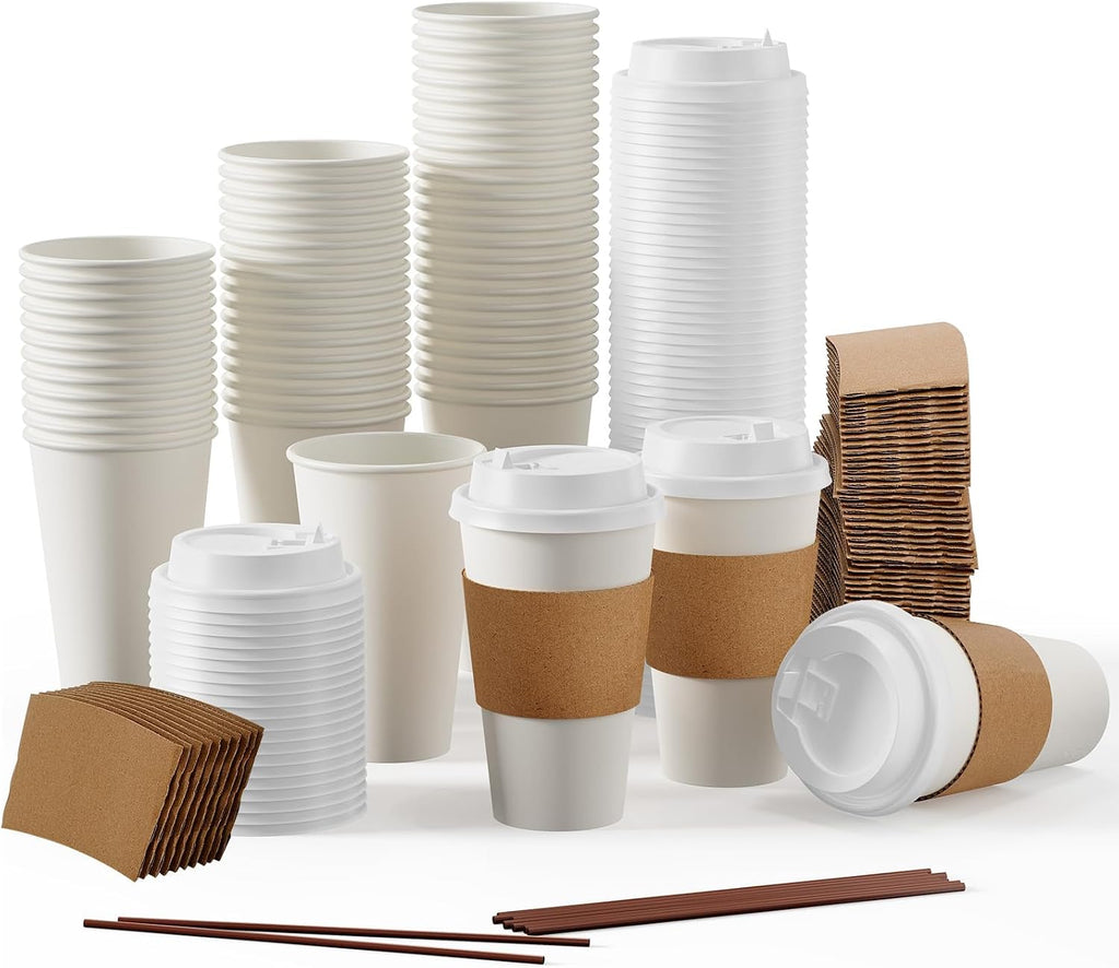 100 Pack 16 oz Disposable Paper Coffee Cups with Lids & Sleeves