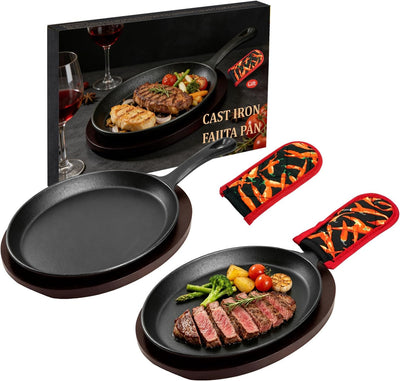 Cast Iron Fajita Plate Set Pre-Seasoned Fajita Skillet with Wooden Base Anti Scald Mitt Sizzling Plate for Grill