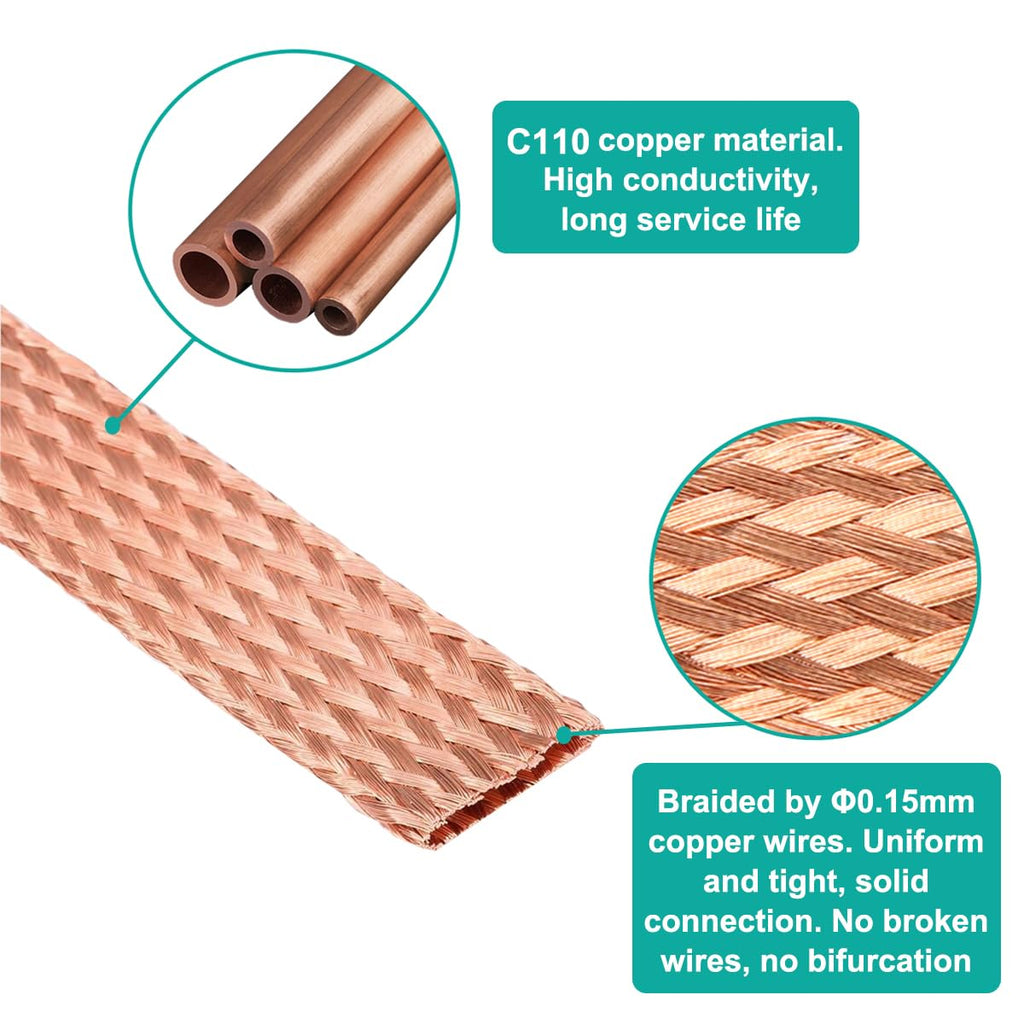 9.84ft Flat Copper Braided Ground Strap with Rings Terminal for Protect Wire