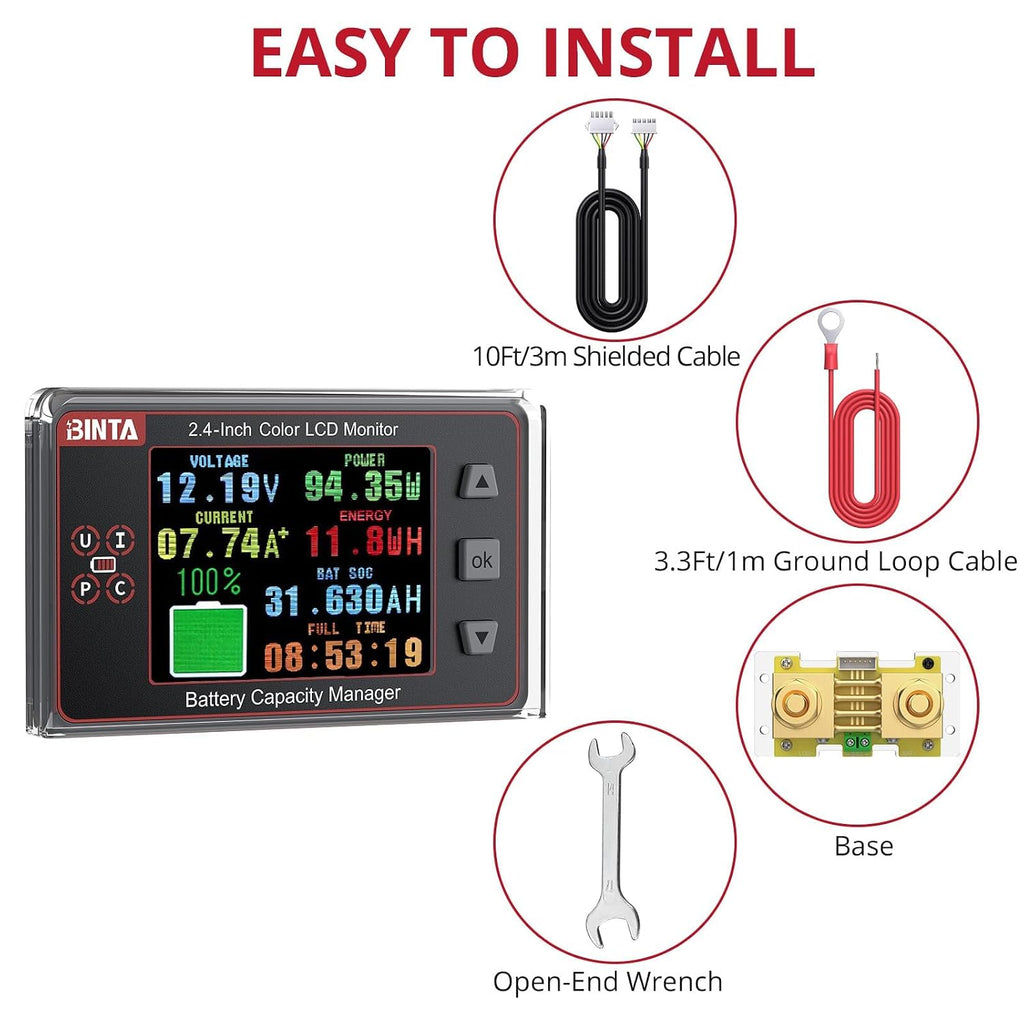 500A Battery Monitor Shunt 8-100V 2.4 Inch Color Screen Sliding Cover