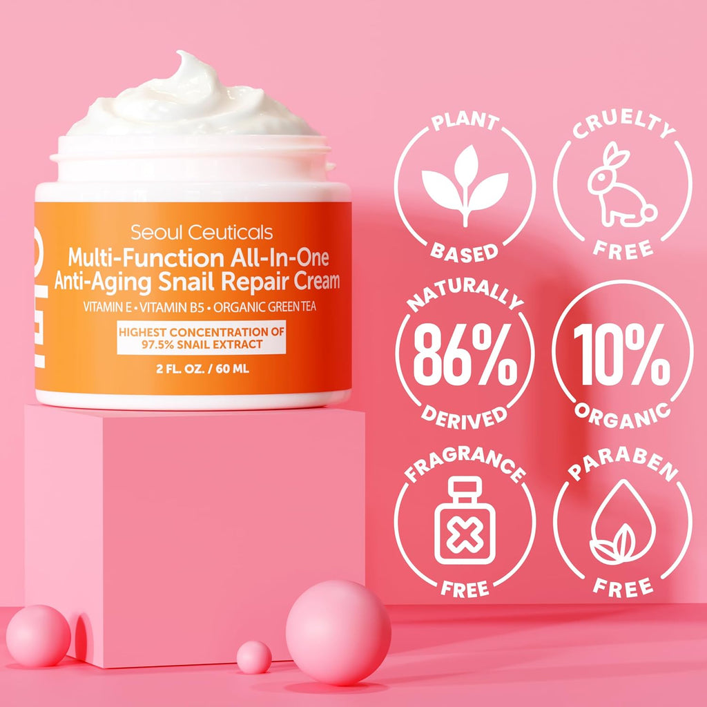 97.5% Snail Mucin Korean Face Moisturizer Day & Night Cream | 2oz Anti Wrinkle Anti Aging Repair, Natural Organic