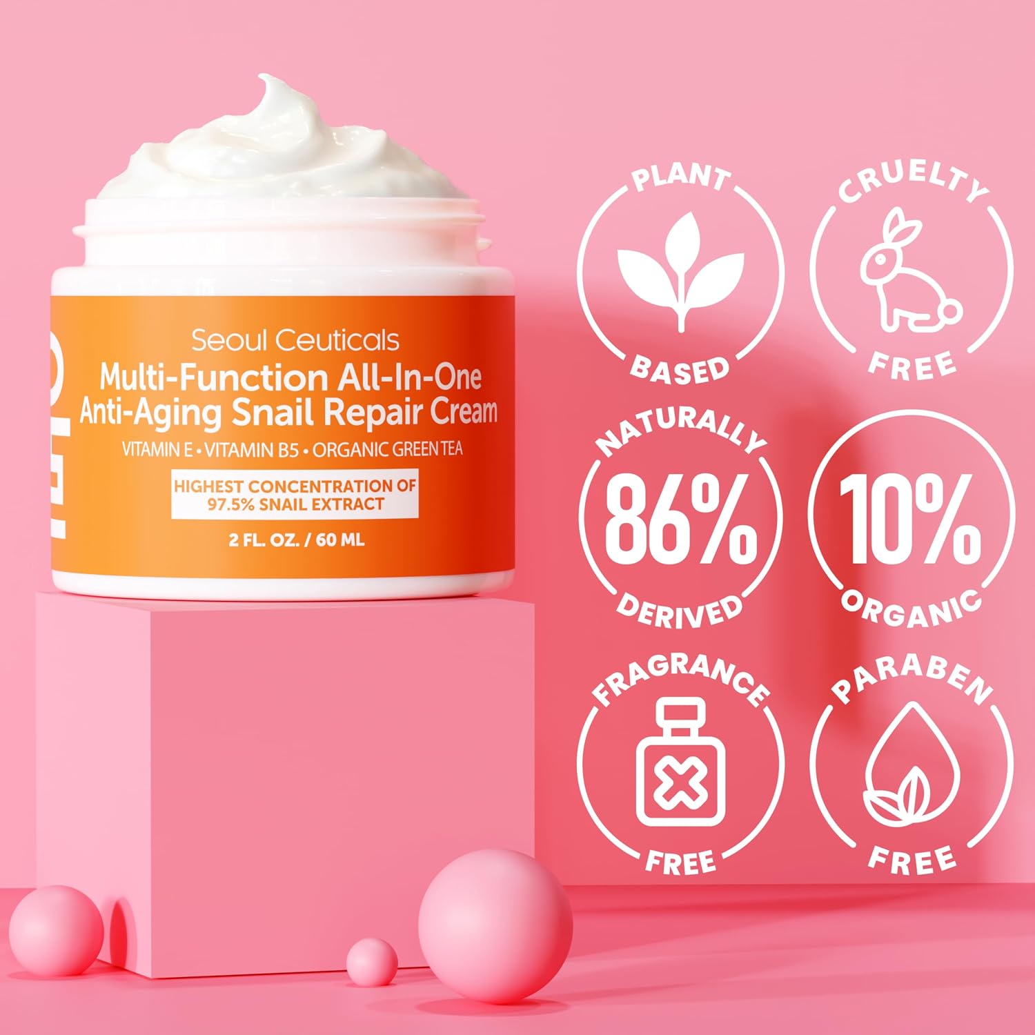 97.5% Snail Mucin Korean Face Moisturizer Day & Night Cream | 2oz Anti Wrinkle Anti Aging Repair, Natural Organic