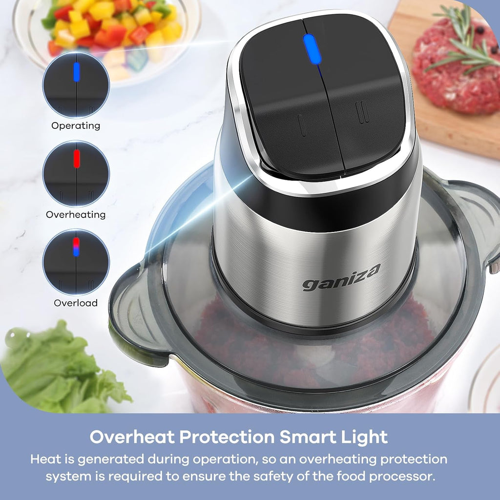Food Processor with Dual Bowls, 2-Speed Food Chopper & Meat Grinder | 8Cup Stainless & 8Cup Glass Bowls, Upgraded