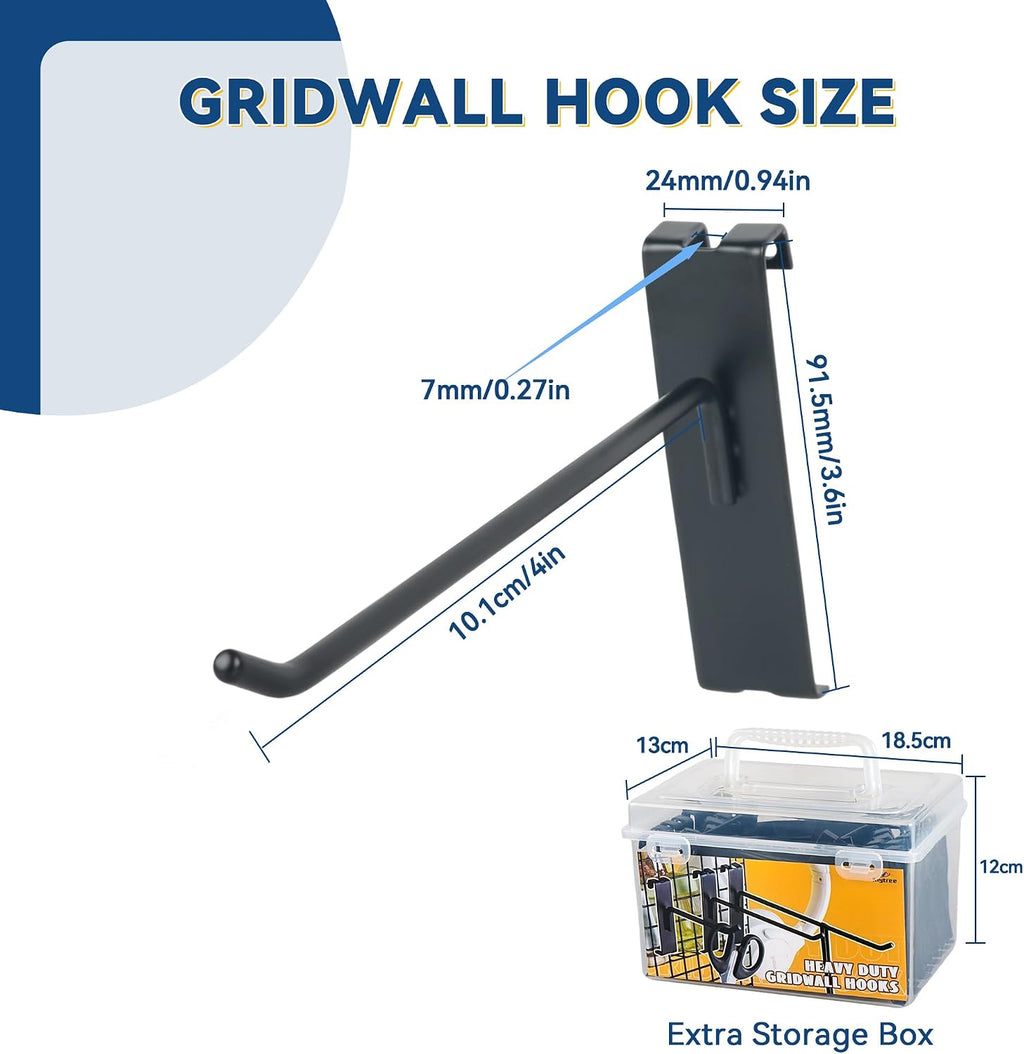 Gridwall Hooks 4in, Black Grid Wall Panel Hangers, Metal Display Hooks for Grid Wall, Gridwall Accessories for Retail