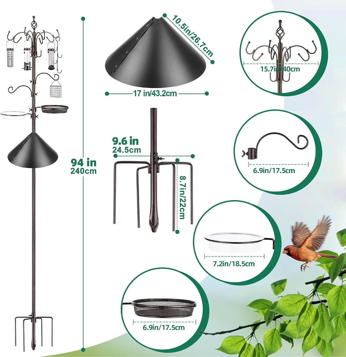 Bird Feeding Station Kit with Squirrel Baffle Bird Feeder Pole with Suet Cage Mesh Tray Fruit Hook Double W Hook for