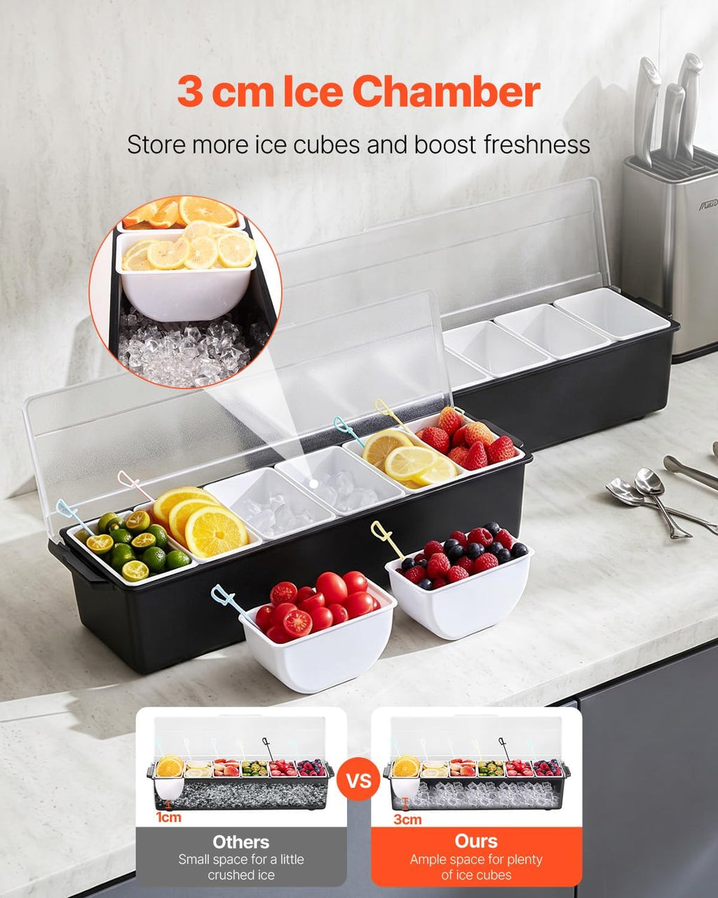 Ice Cooled Condiment Serving Container, 6 Compartments Chilled Server, Fruit Veggie Condiment Caddy, Plastic Garnish