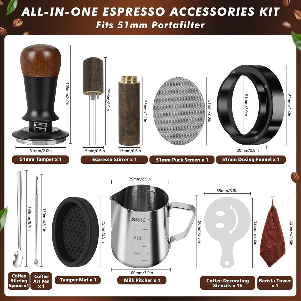 51mm Espresso Accessories Kit, 25 PCS Espresso Tamper Kit Coffee Tamper Set, with 51mm Espresso Tamper, Puck Screen