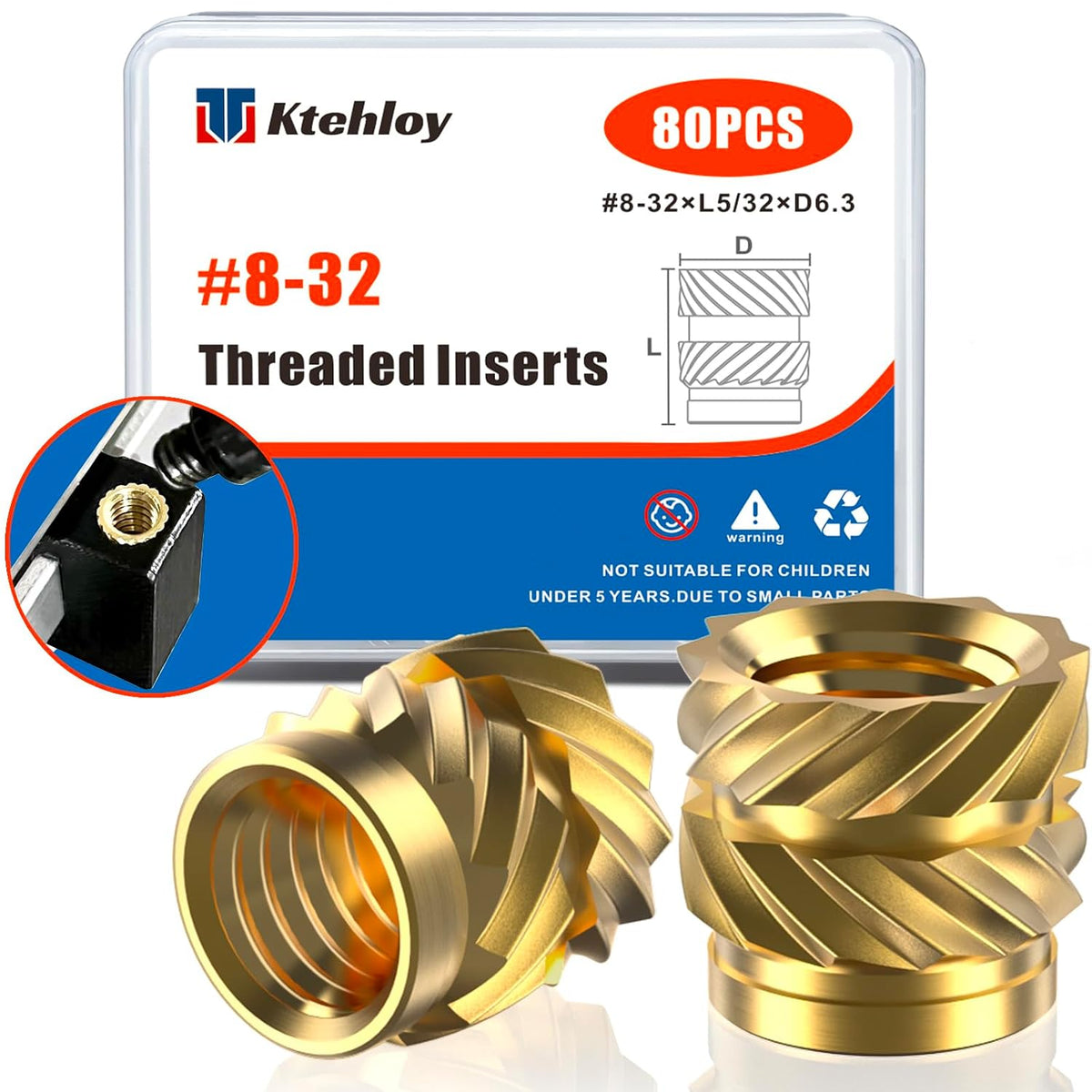 80Pcs #8-32 Threaded Inserts, #8-32 Female Thread SAE Knurled Nuts Assortment Kit, Brass Heat Set Insert for Plastic and 3D Printing Components (#8-32 * 5/32 * 6.3)
