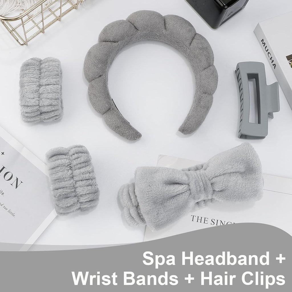 Sponge Spa Headbands Wristband Set with Hair Clips Skincare Headbands for Washing Face Non Slip Puffy Terry Cloth