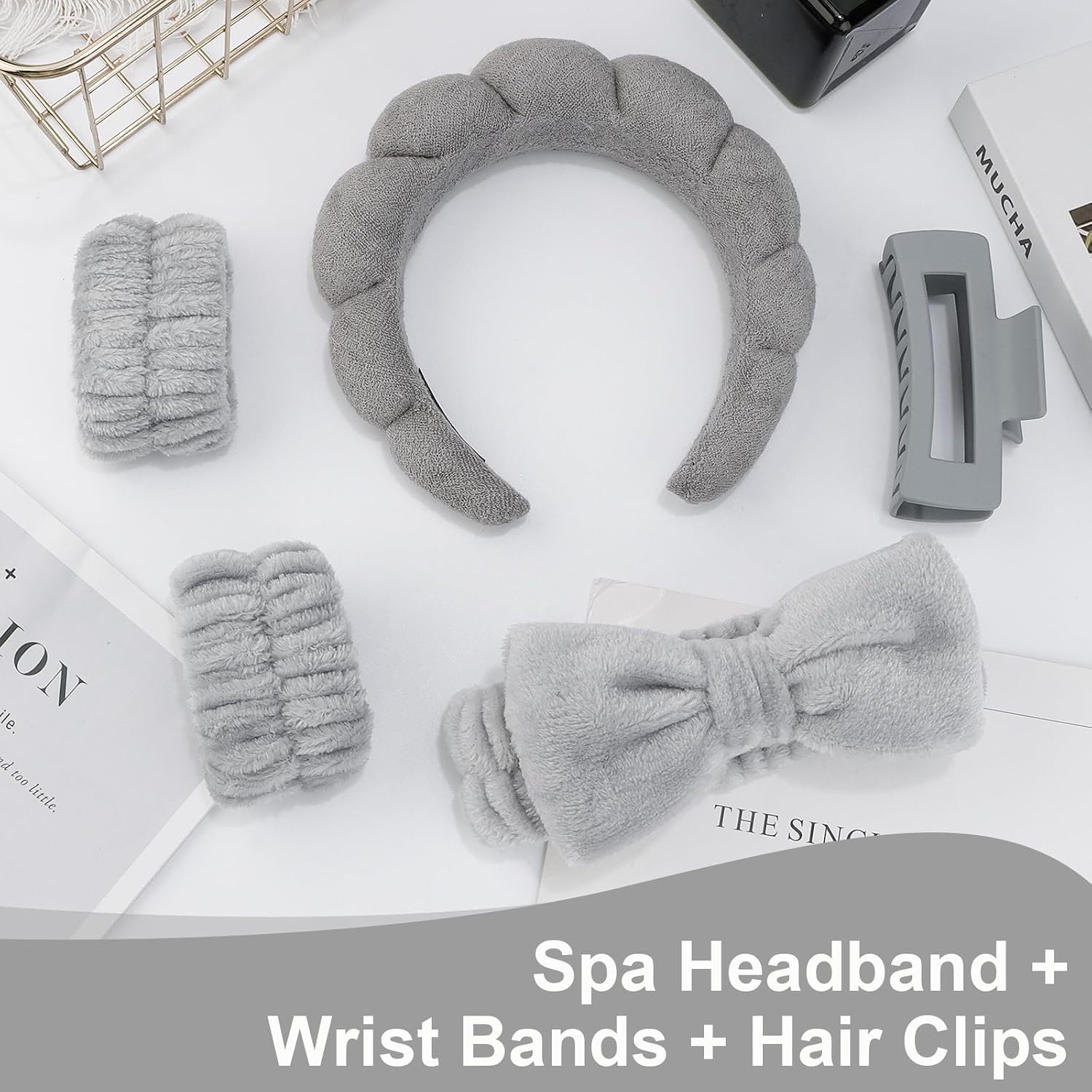 Sponge Spa Headbands Wristband Set with Hair Clips Skincare Headbands for Washing Face Non Slip Puffy Terry Cloth