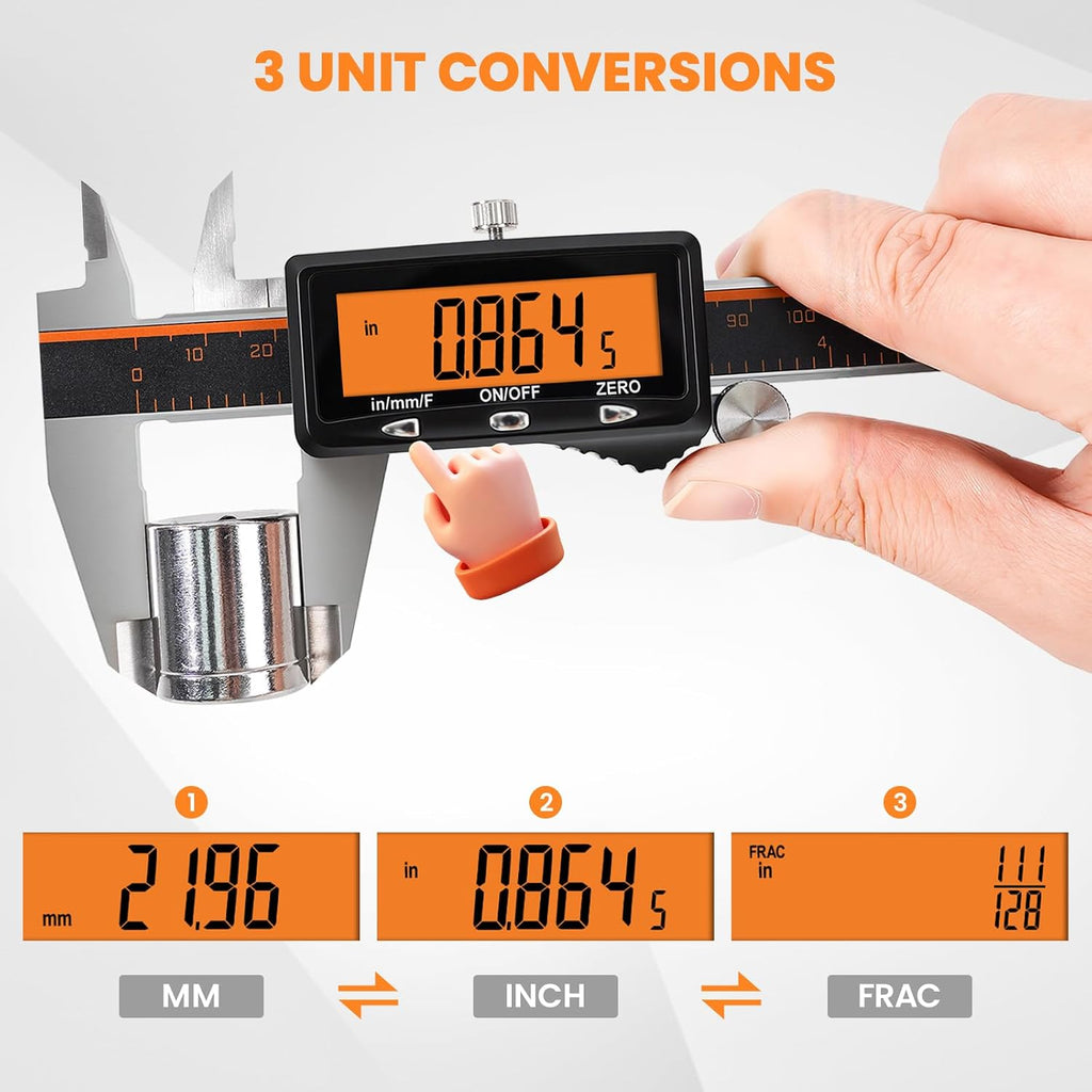 HARDELL Digital Caliper 12" USB-C Charging – Orange Display, Non-Backlit