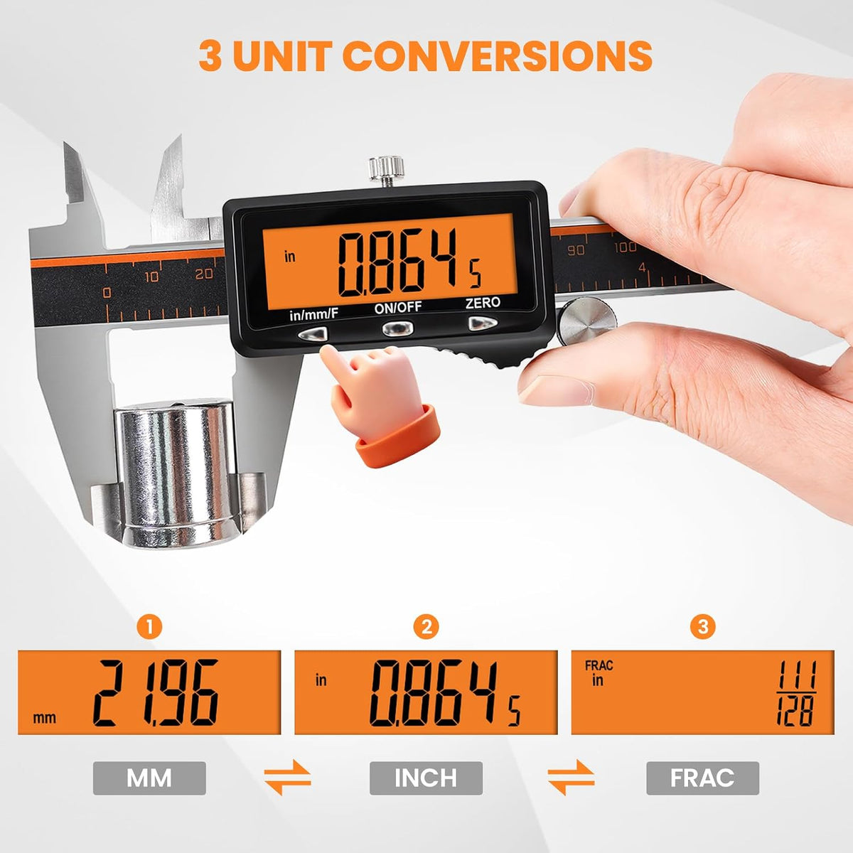HARDELL Digital Caliper 12" USB-C Charging – Orange Display, Non-Backlit
