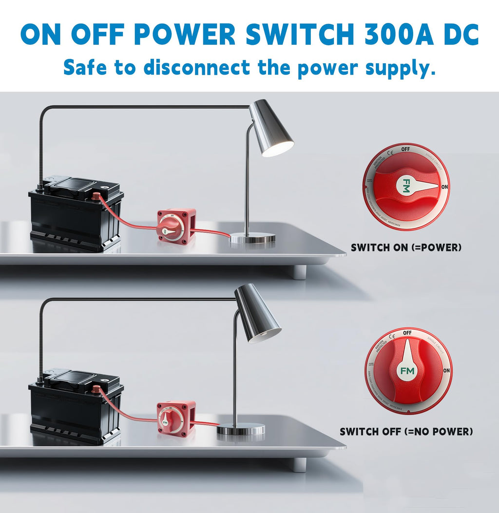 FASTSTORM 12V-48V 300A Waterproof Battery Disconnect Switch with 1FT Cable
