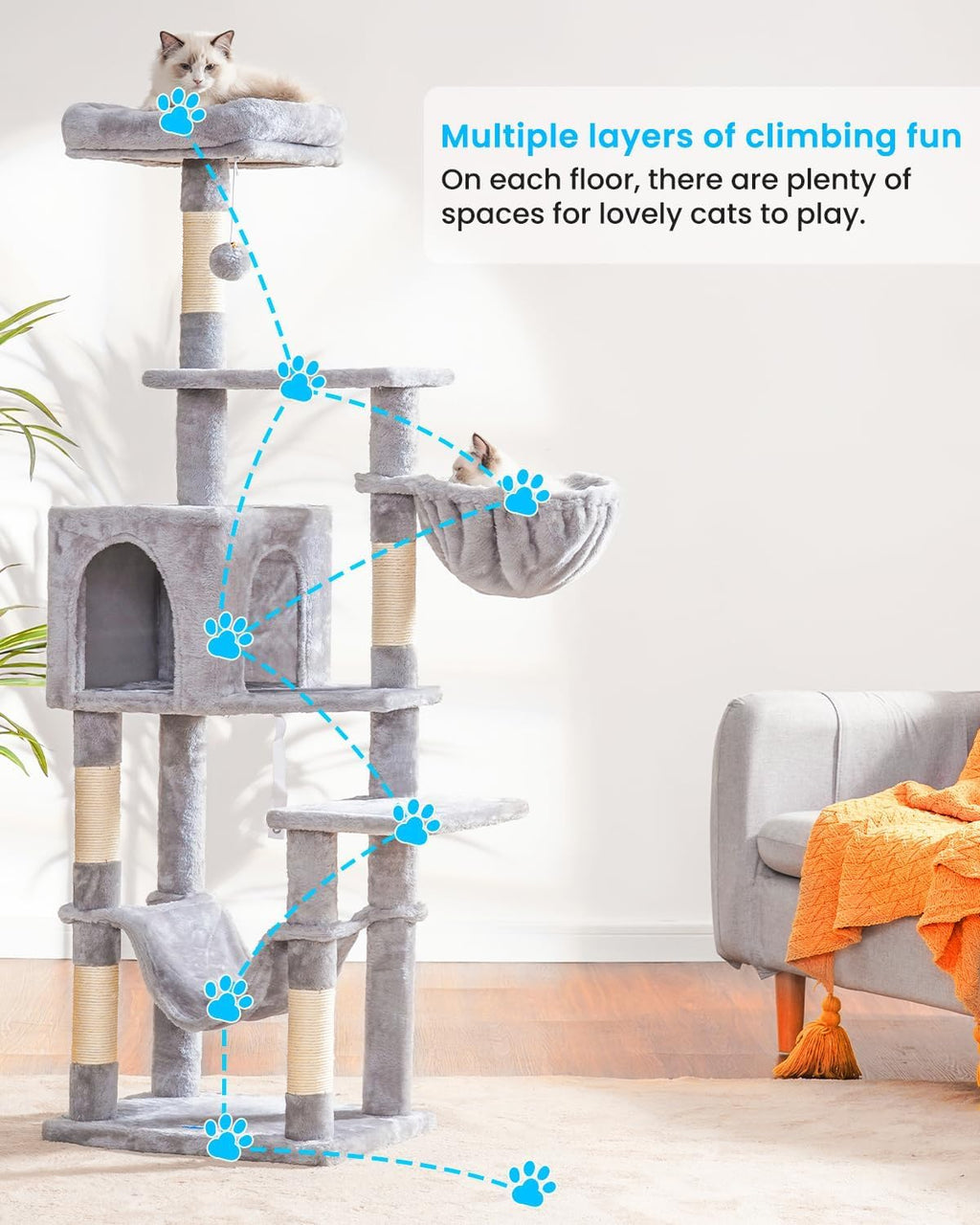Cat Tree with Large Hammock, Multi-Level Cat Tower for Indoor Cats, Cat Condo with Sisal-Covered Scratching Posts and