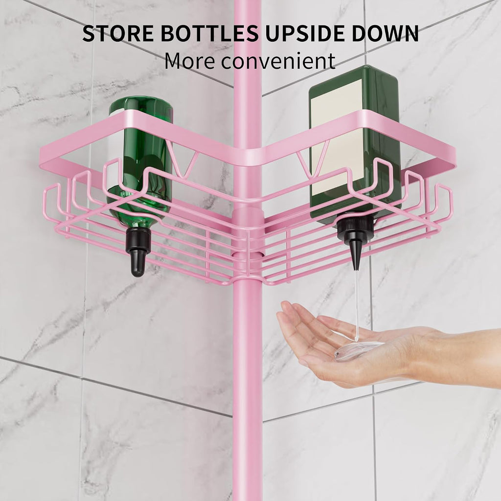 Corner Shower Caddy Tension Pole - Corner Shower Organizer Pink Cute | Bathroom Shower Shelf for Shampoo, 25–114 Inch